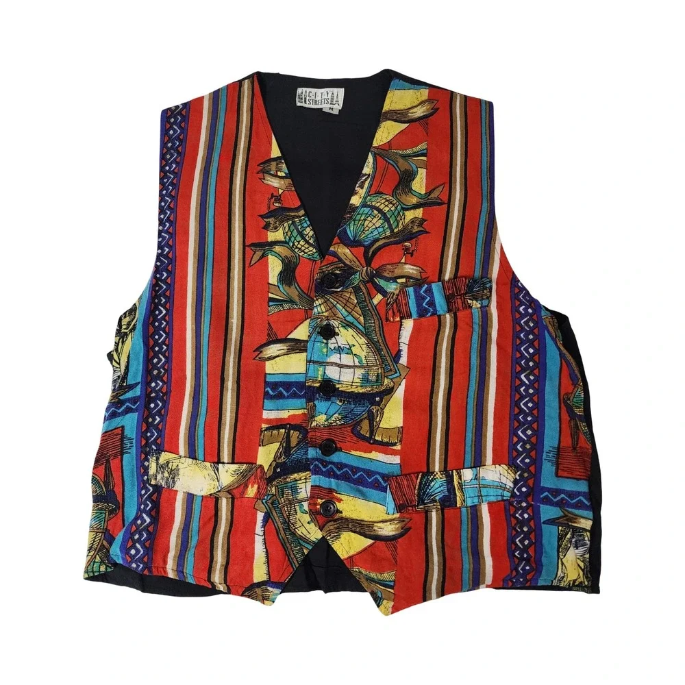 City Streets Vintage Globe Stripe Novelty Print Button Up‎ Vest Mens Medium Red